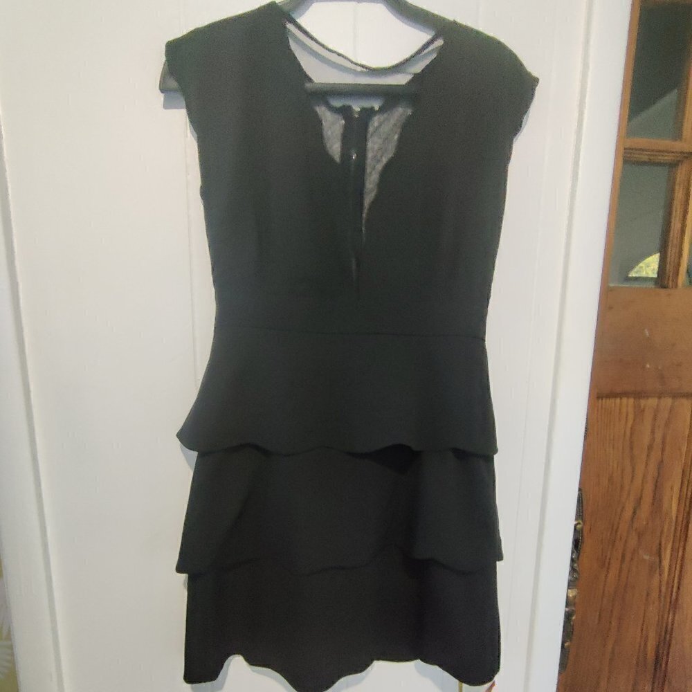 Dress in Black, Tiered Skirting below the waist, Plunging Decollete With Netting